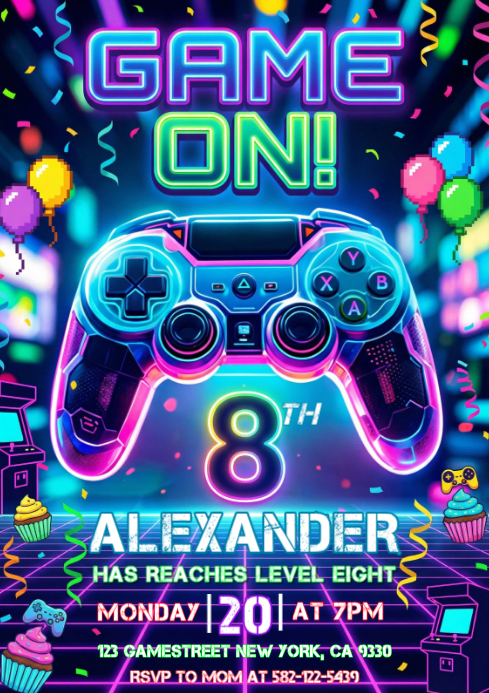 Purple Neon Gaming Birthday Party A4 Template | PosterMyWall