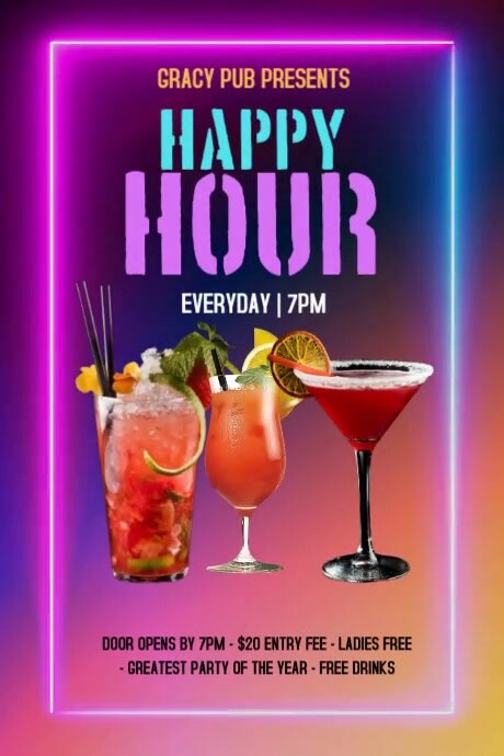 Purple Neon Happy Hour Party Poster Cartaz template