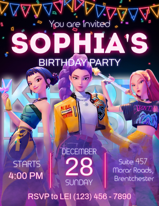 Purple Neon Huntrix Kpop Demon Hunters Birthday Invitation Flyer ...