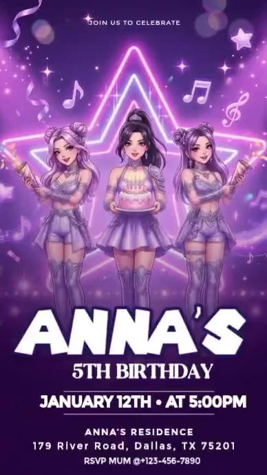 Purple Neon Kpop Demon Hunter Birthday Invitation Tiktok Video Template ...