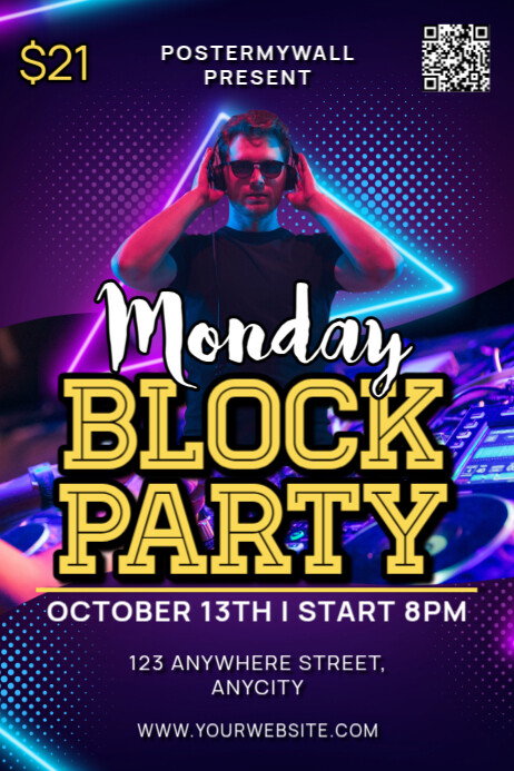 Purple Neon Monday Block Party Poster template