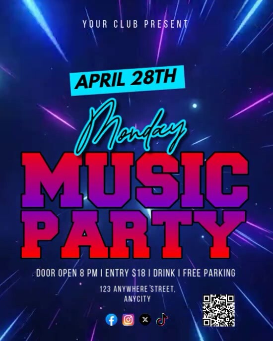 Purple Neon Monday Music Party Instagram Portrait template