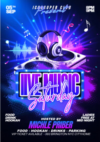 Purple Neon Music Night Party Saturday  A3 template