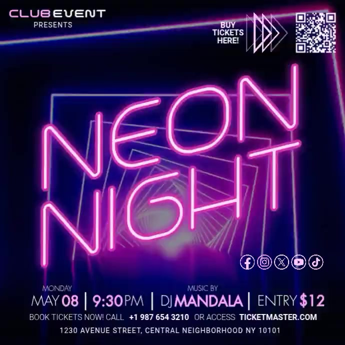 Purple Neon Neon Night Club Event Instagram Post Video Templat ...