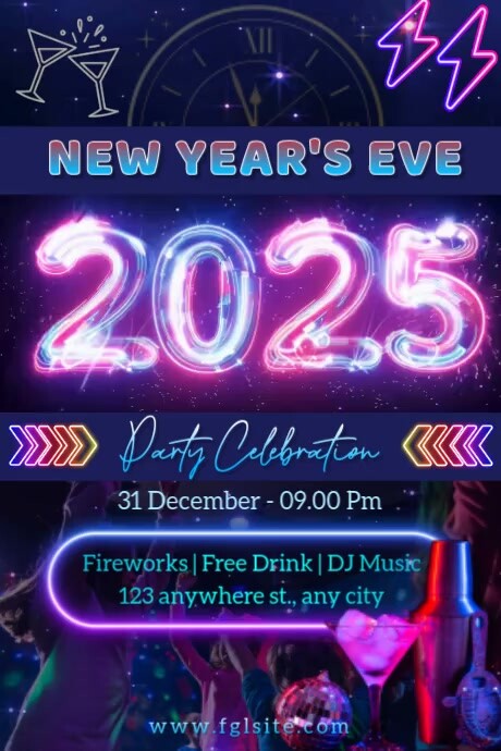 Purple Neon New Year's Eve 2025 Pary Celebration Poster template