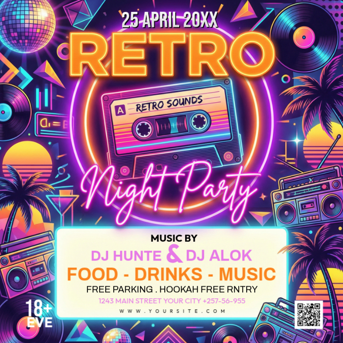 Purple Neon Retro Night Party Instagram Post Template | PosterMyWall