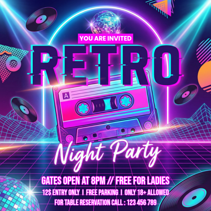 Purple Neon Retro Night Party Instagram Post Template | PosterMyWall