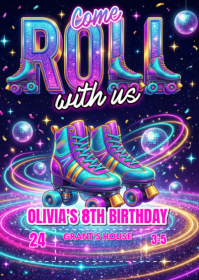 Purple Neon Roller Skating Birthday Party A6 template
