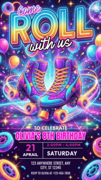 Purple Neon Roller Skating Birthday Party Digital Display template