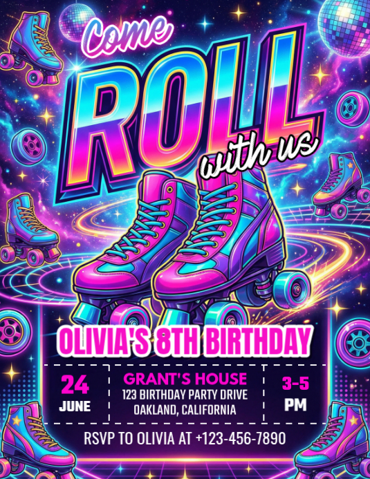 Purple Neon Roller Skating Birthday Party Flyer Template | PosterMyWall