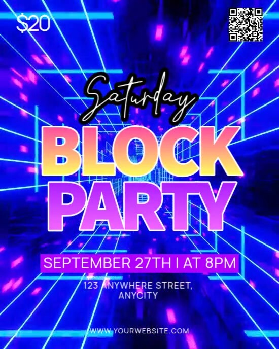 Purple Neon Saturday Block Party Instagram Portrait Template | PosterMyWall