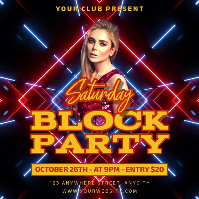 Plantilla de Purple Neon Saturday Block Party Pos Instagram | PosterMyWall