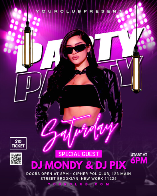 Purple Neon Saturday Night Club Party Instagram Portrait template