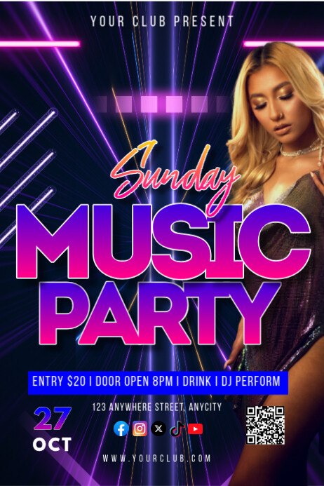 Purple Neon Sunday Music Party Poster Template | PosterMyWall