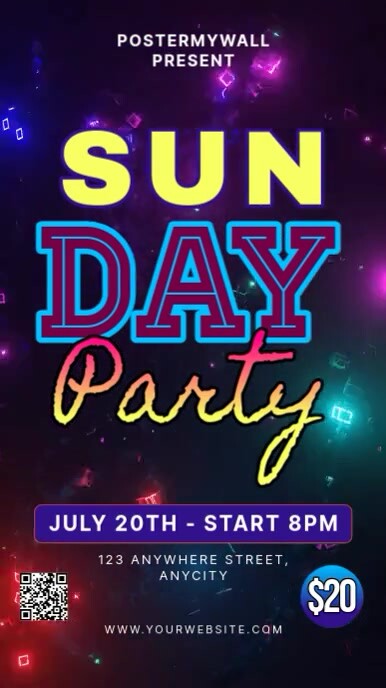 Purple Neon Sunday Party Tampilan Digital (9:16) template