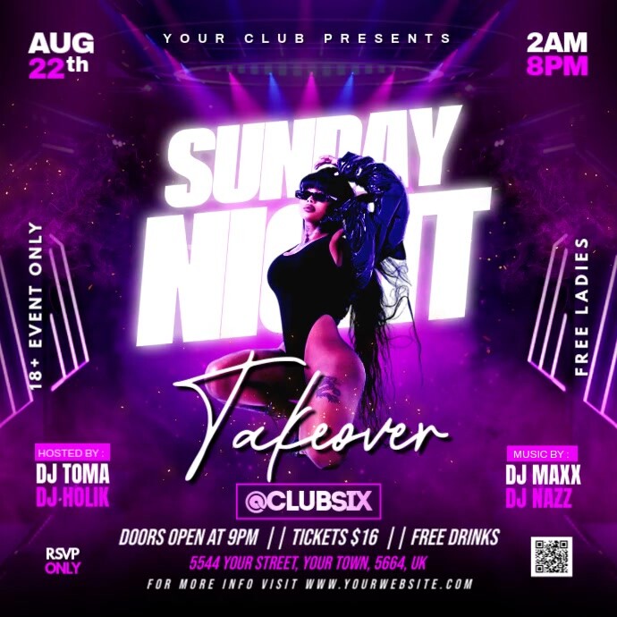 Purple Neon  Sunday Takeover Ladies Night Party  Instagram Post template