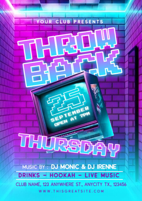Purple Neon Throwback Thursday Party A4 Template | PosterMyWall
