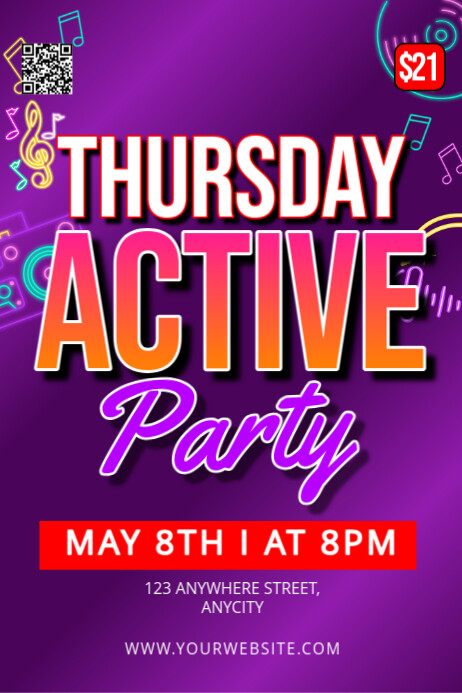Purple neon thursday active party poster Template | PosterMyWall