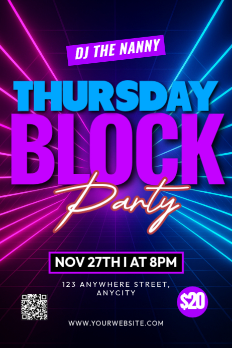Purple Neon Thursday Block Party Poster Templat | PosterMyWall
