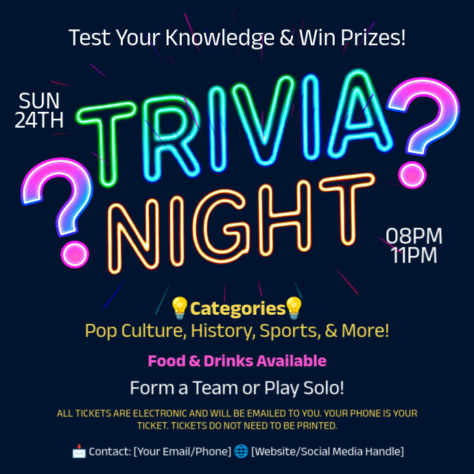Purple Neon Trivia Night Instagram Post template