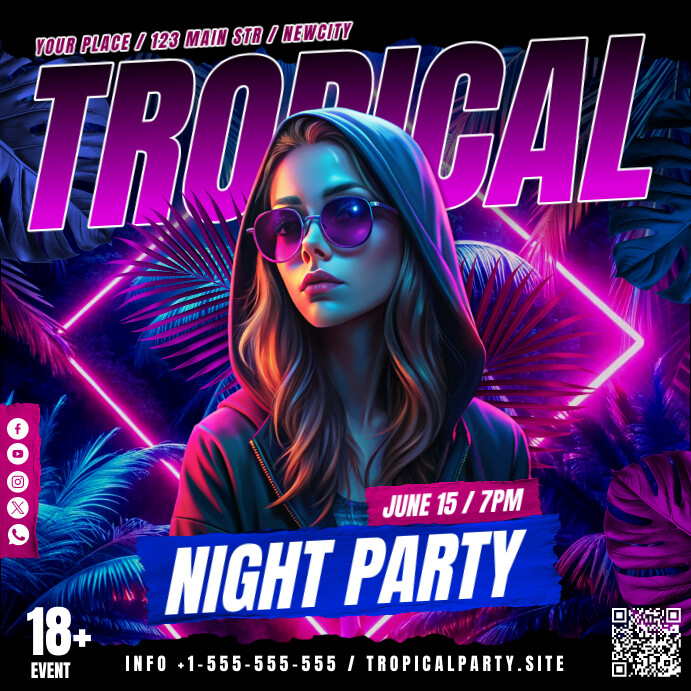 Purple Neon Tropical Party Banner Instagram Post template
