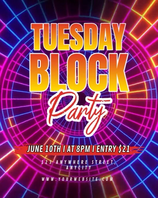 Purple Neon Tuesday Block Party Instagram Portrait Template | PosterMyWall