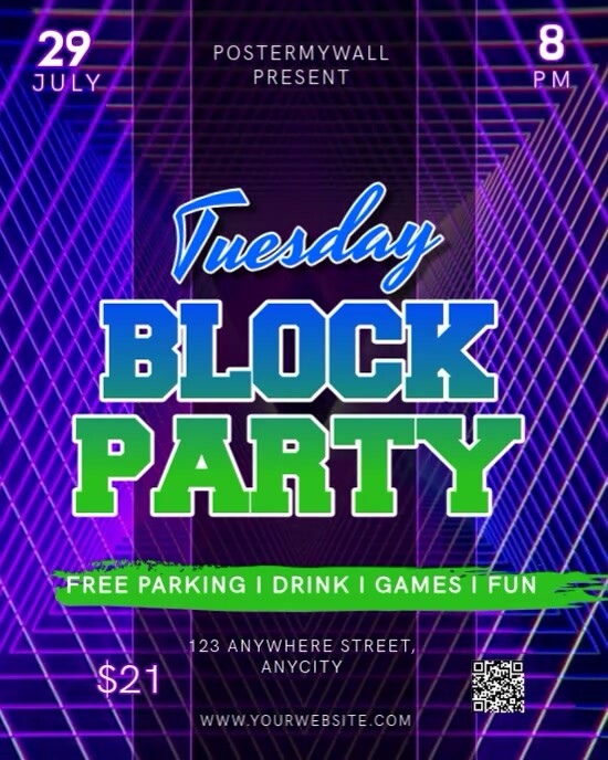 Plantilla de Purple Neon Tuesday Block Party Instagram Portrait ...