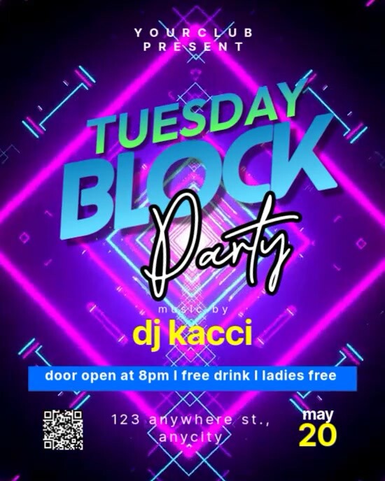 Purple Neon Tuesday Block Party Instagram Portrait Template | PosterMyWall