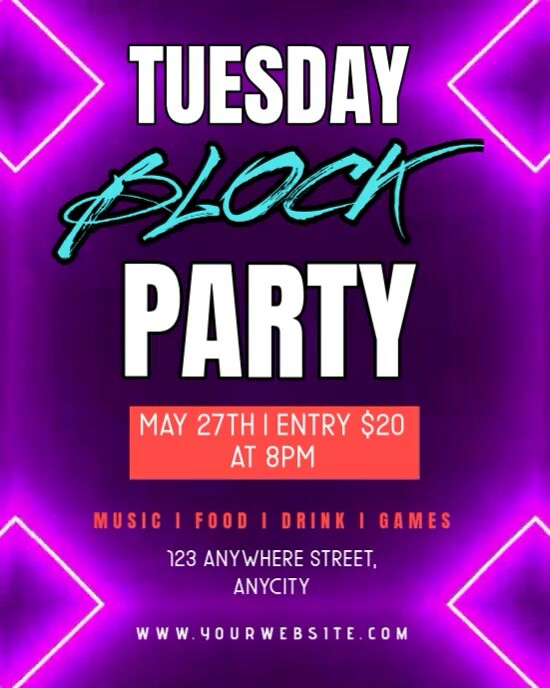 Plantilla de Purple Neon Tuesday Block Party Instagram Portrait ...