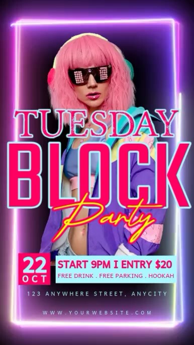Plantilla de Purple Neon Tuesday Block Party Instagram Story | PosterMyWall