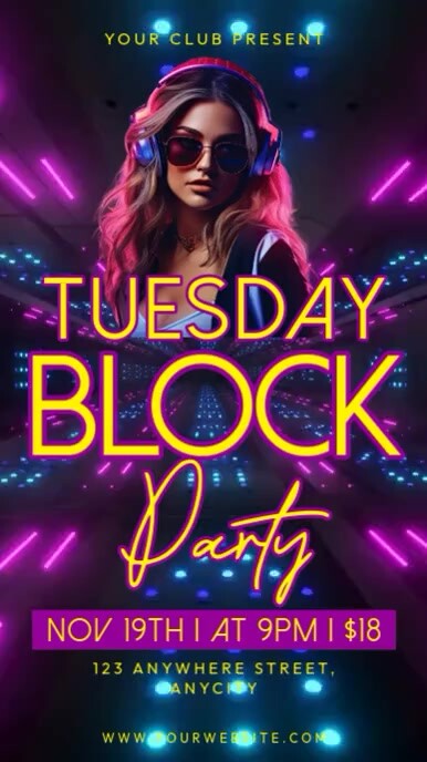 Purple Neon Tuesday Block Party Reel Instagram Template | PosterMyWall