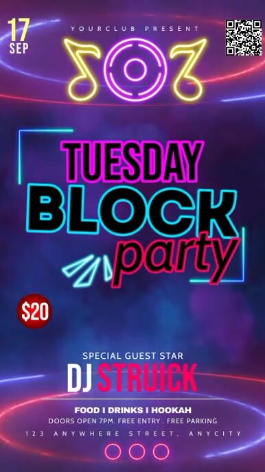 Purple Neon Tuesday Block Party Tampilan Digi Template | PosterMyWall