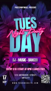 Purple Neon Tuesday Night Party Tampilan Digi Affichage numérique (9:16) template