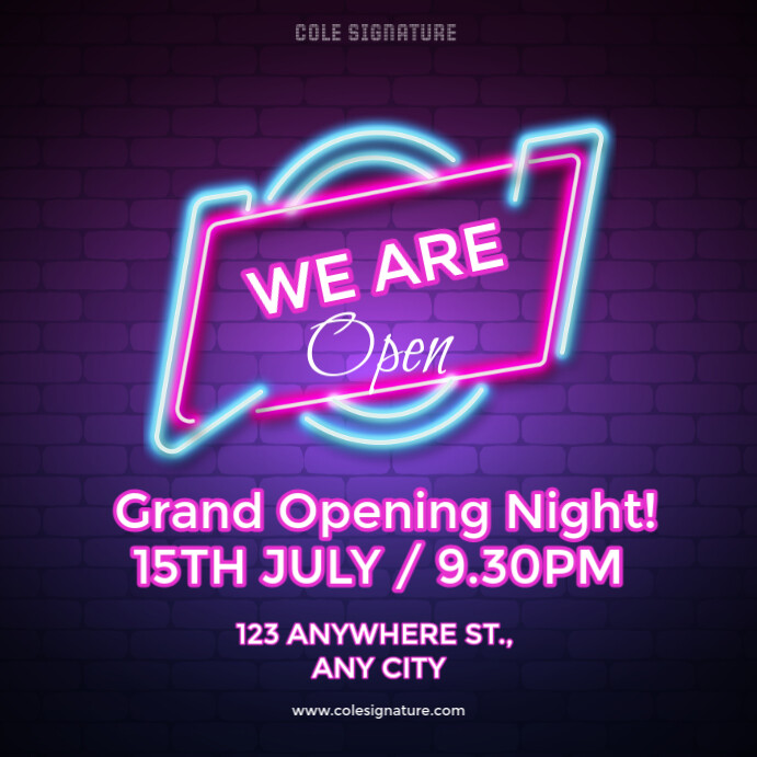 Purple Neon We Are Open Sign Instagram Post Template | PosterMyWall