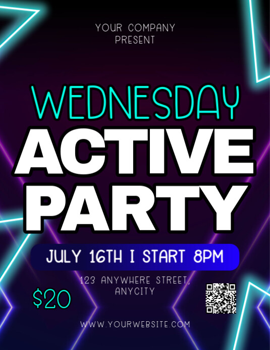 Purple Neon Wednesday Active Party Pamflet (letter As) Flyer (US Letter) template