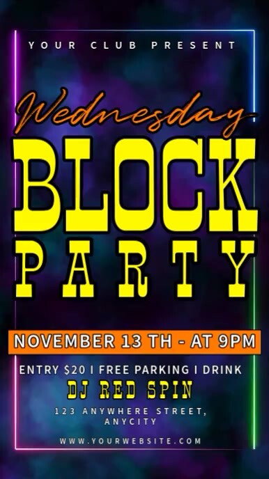 Purple Neon Wednesday Block Party Reel Instagram Template | PosterMyWall