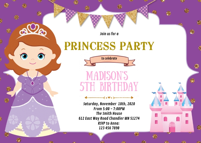 Purple princess birthday party invitation A6 template