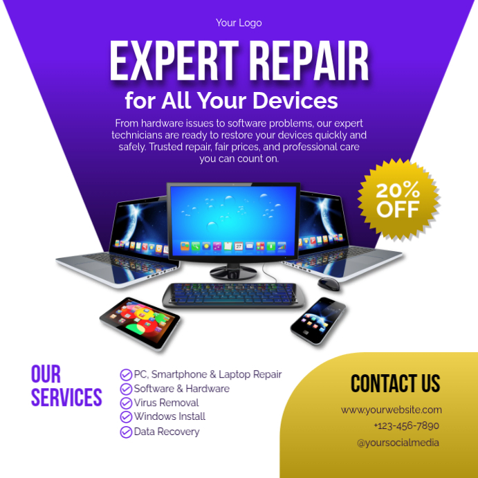 Purple Professional Laptop Repair Instagram Post Template | PosterMyWall