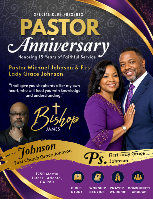 Purple Professional Pastor Anniversary Celebration Flyer Template ...