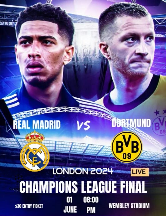 Plantilla de Purple Professional Real Madrid Vs Dortmund U | PosterMyWall