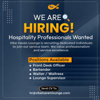 Purple Professional We Are Hiring – Hospitality & Lounge Staff Recruitment Flyer Template Square (1: