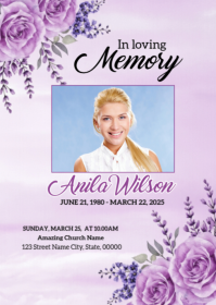Purple Rose Floral Funeral Announcement Card A6 template