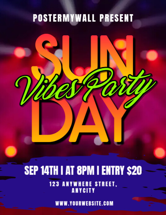 Purple Tipografi Sunday Vibes Party Pamflet (letter As) ใบปลิว (US Letter) template