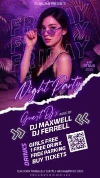Purple Tropical Friday night club party event design template Instagram Story