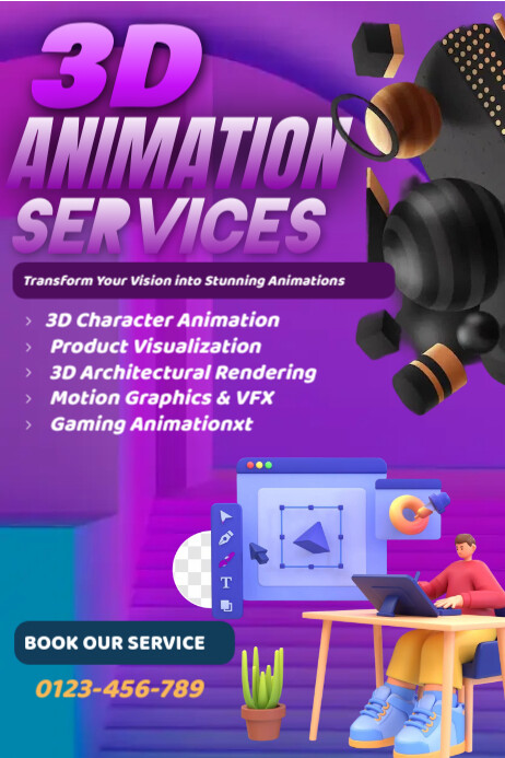 Purple Typographic 3d Animation Services Poster template