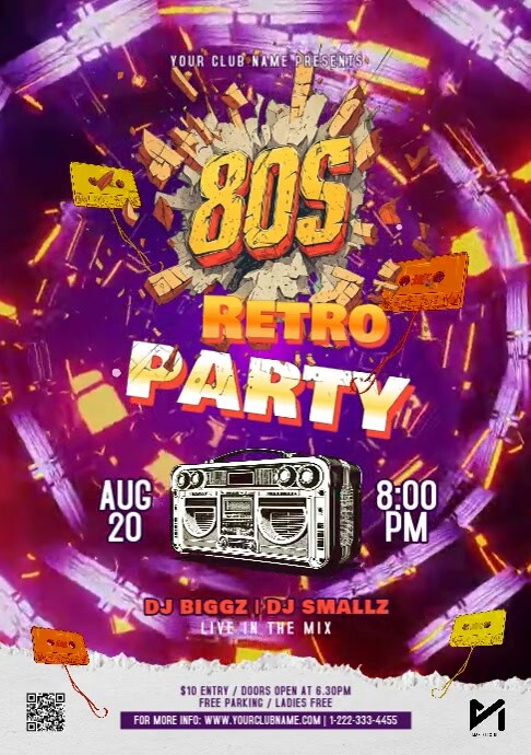 Purple Vintage 80s Party A4 template