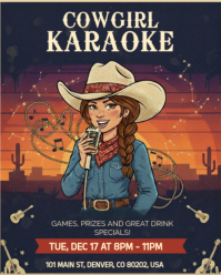 Purple Vintage Cowgirl Karaoke Night Flyer - Western Theme Games, Prizes & Drink Specials Event Post Instagram Portrait template