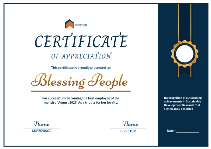 Appreciation Report Example Certificate Of Appreciation A4 Template | PosterMyWall