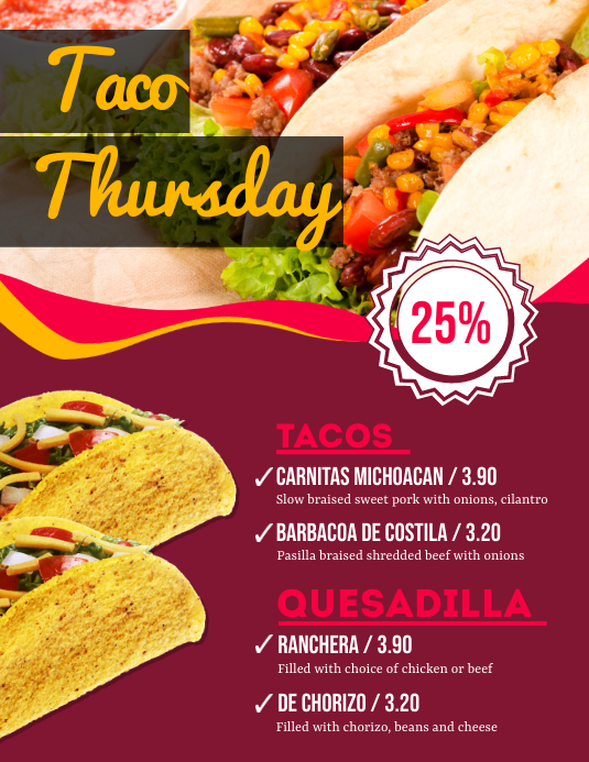 Quesadilla and Taco Mexican Menu Flyer Template | PosterMyWall