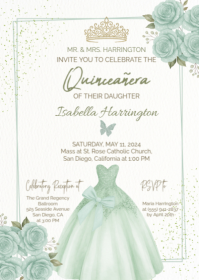 Quinceañera Invitation Green Floral Butterfly, Quinceañera Invitation A6 template